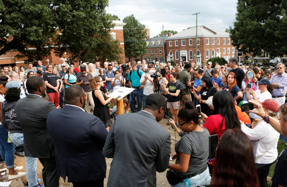 <p>Participants of “Charlottesville to D.C: The March to Confront White Supremacy” listen to speakers before they begin a ten-day trek to the nation’s capital from Charlottesville, Va., Aug. 28, 2017. (Photo: Julia Rendleman/Reuters) </p>