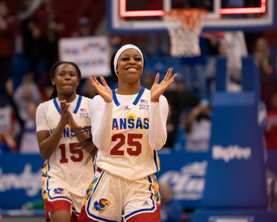 Kansas guard Chandler Prater (25) reacts after beating Arkansas on Sunday in the 2023 Postseason WNIT inside Allen Fieldhouse.