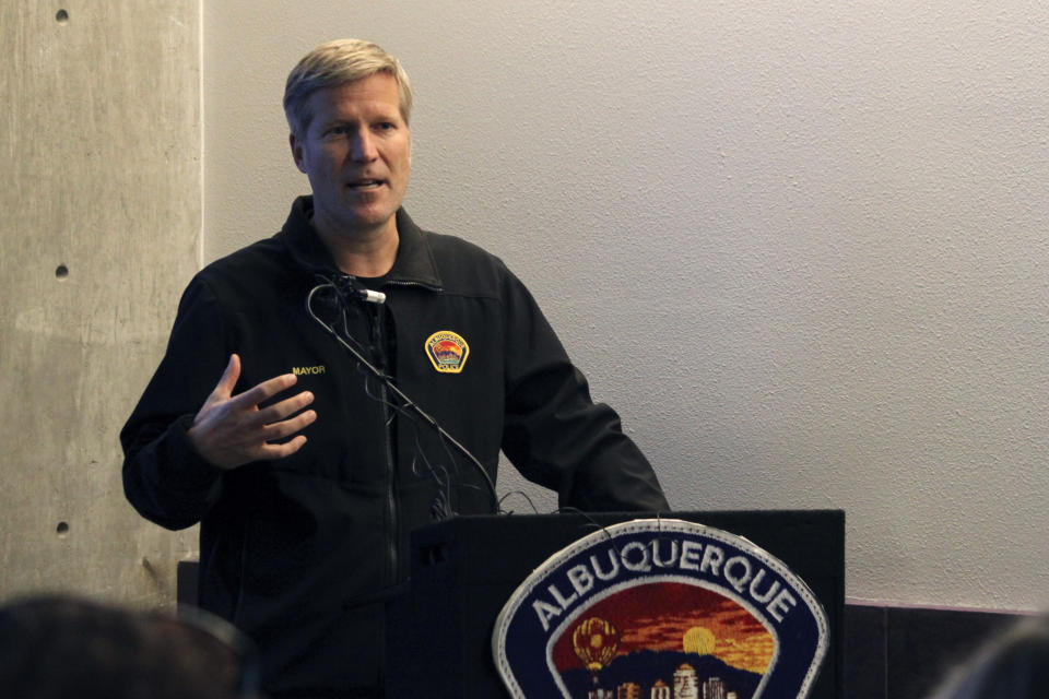 Albuquerque Mayor Tim Keller discusses the capabilities of the city's Real Time Crime Center during a news conference on Dec. 15, 2023, in Albuquerque, N.M. Officials are seeking more funding from the New Mexico Legislature to add cameras and expand access to neighboring communities. (AP Photo/Susan Montoya Bryan)