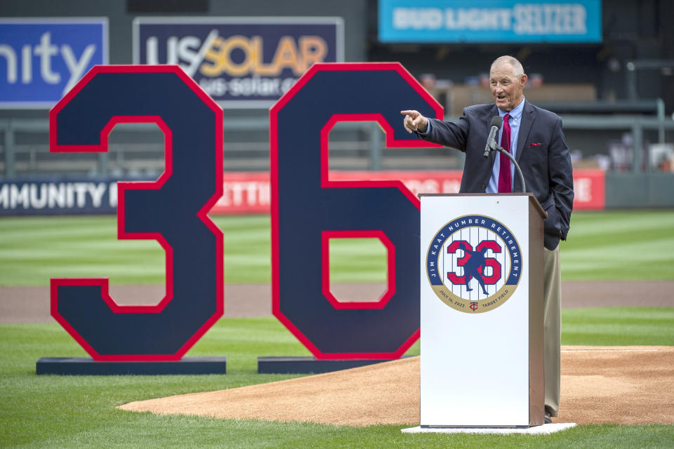 Former Minnesota Twins pitcher Jim Kaat speaks during a ceremony to retire his number before their game against he Chicago White Sox, Saturday, July 16, 2022, in Minneapolis. Kaat will be inducted into the Baseball Hall of Fame later this month. (AP Photo/Craig Lassig)