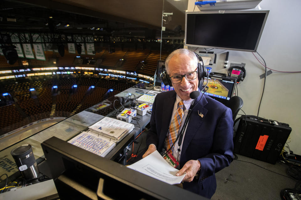 Mike "Doc" Emrick is retiring from broadcasting after a half-century of hockey play-by-play. (Photo by Stan Grossfeld/The Boston Globe via Getty Images)