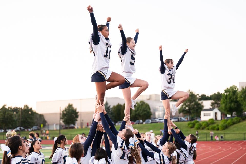 Shrewsbury cheerleaders perfom at the end of the first quarter versus Acton-Boxborough on Thursday September 14, 2023 in Shrewsbury.