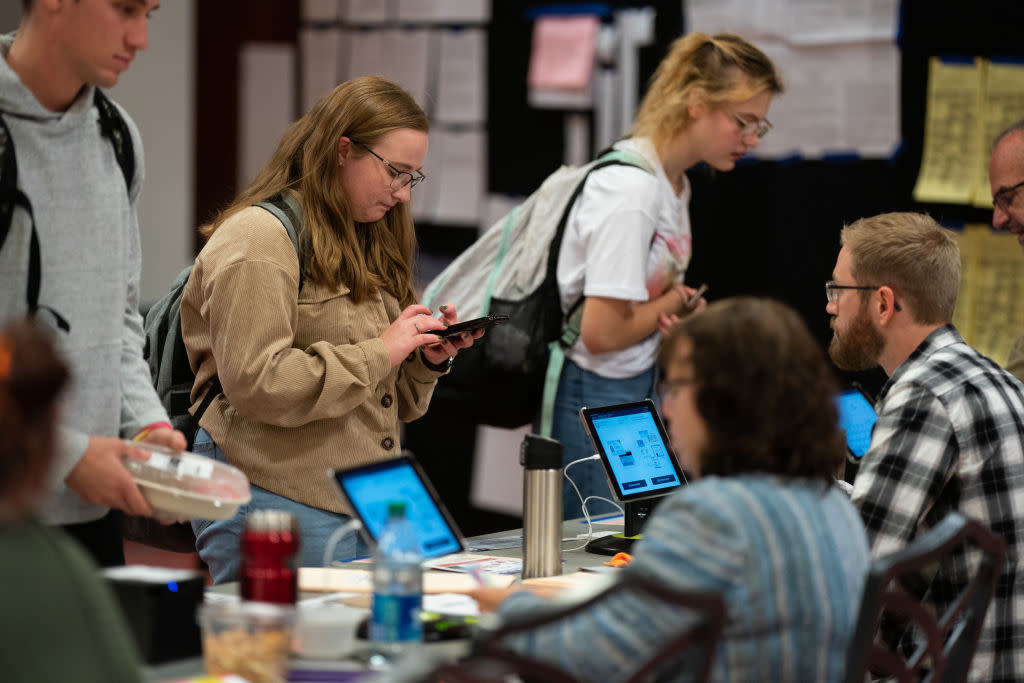 People cast their votes at a polling place in The Ohio Union, a student activity center at The Ohio State University in Columbus, OH on November 8, 2022.Ohio Midterm Elections 2022