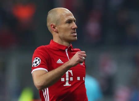 Football Soccer - Bayern Munich v Arsenal - UEFA Champions League Round of 16 First Leg - Allianz Arena, Munich, Germany - 15/2/17 Bayern Munich's Arjen Robben celebrates scoring their first goal Reuters / Michael Dalder Livepic