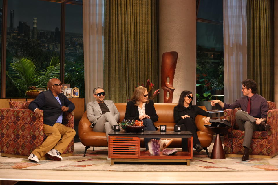 From left: Earthquake, Nate Bargatze, Zoey Tur, Marcia Clark, and John Mulaney in <i>Everybody's in L.A.</i><span class="copyright">Courtesy of Netflix</span>