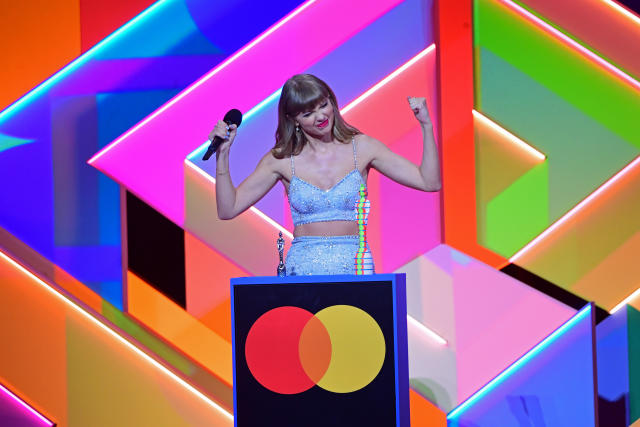 Taylor Swift accepts the Global Icon award during the Brit Awards 2021 at the O2 Arena, London. Picture date: Tuesday May 11, 2021. (Photo by Ian West/PA Images via Getty Images)