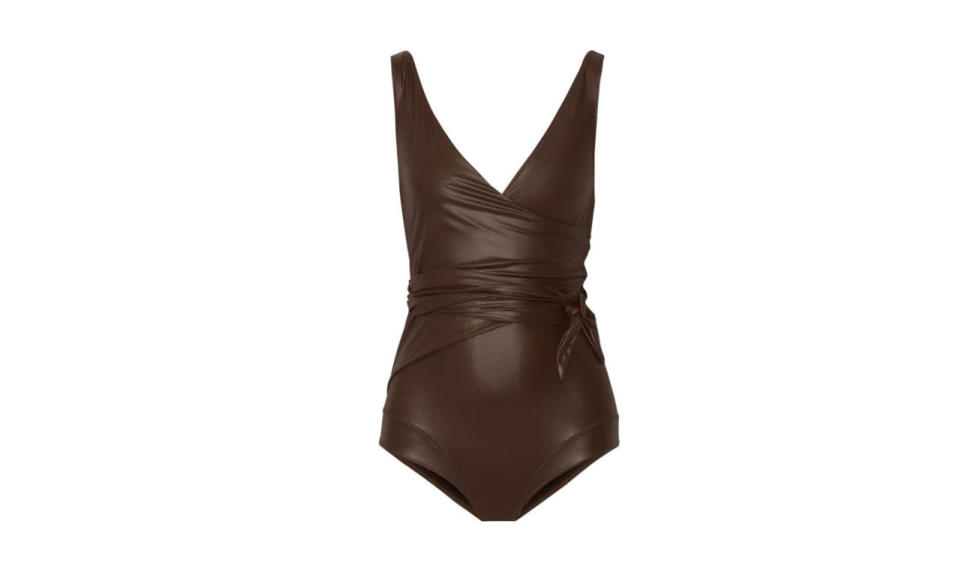 Lisa Marie Fernandez Dree Louise glossed wrap swimsuit $595, saksfifthavenue.com