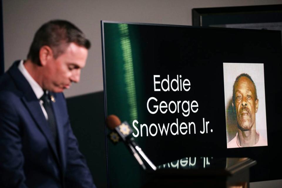 Metropolitan Police Department Lt. Jason Johansson stands next to an image of suspect Eddie George Snowden Jr. while addressing the media at a press conference about the cold case murders of two women discovered to be killed by Snowden with DNA evidence, at Metro Headquarters in Las Vegas, Monday, Feb. 6, 2023. (Rachel Aston/Las Vegas Review-Journal via AP)