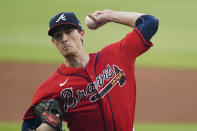 Atlanta Braves starting pitcher Max Fried works in the first inning of the team's baseball game against the San Francisco Giants on Friday, Aug. 27, 2021, in Atlanta. (AP Photo/John Bazemore)