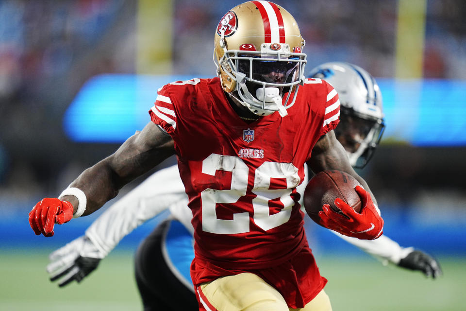 San Francisco 49ers running back Tevin Coleman runs against the Carolina Panthers during the second half an NFL football game on Sunday, Oct. 9, 2022, in Charlotte, N.C. (AP Photo/Rusty Jones)