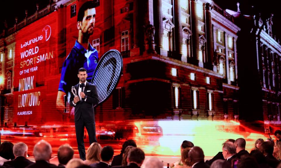 <span>Novak Djokovic on stage at the Laureus World Sports Awards in Madrid.</span><span>Photograph: Pablo Cuadra/Getty Images for Laureus</span>