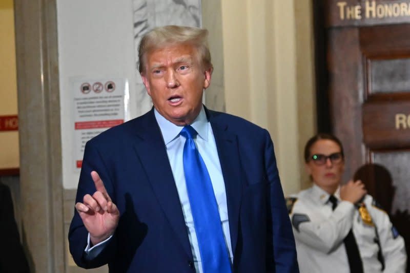 Former United States President Donald Trump speaks outside the courtroom in the fourth week of his civil fraud trial at State Supreme Court on Tuesday. Third quarter presidential campaign fundraising numbers are in and the former president is leading all candidates with more than $60 million raised.
Photo by Louis Lanzano/UPI