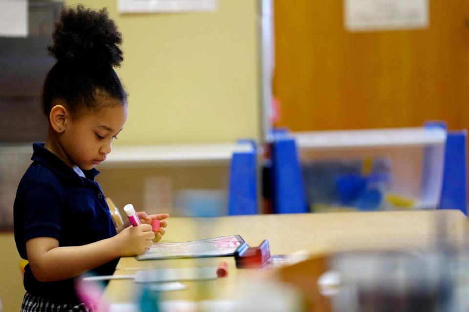 Victoria Vasquez, practices her letters and numbers, at the Eugenio Maria De Hostos Center for Early Childhood Education, Thursday, March 14, 2024, in Union City.