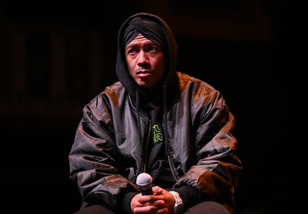 Nick Cannon speaks on stage during the Future Superstar tour on March 18 in Atlanta.