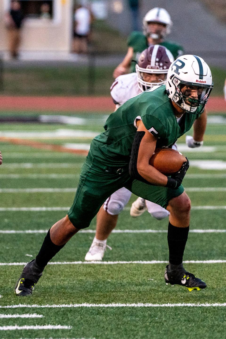 Ramapo High School hosts Wayne Hills during a football game in Franklin Lakes, NJ on Friday September 9, 2022. R #5 Will Scordato with the ball. 