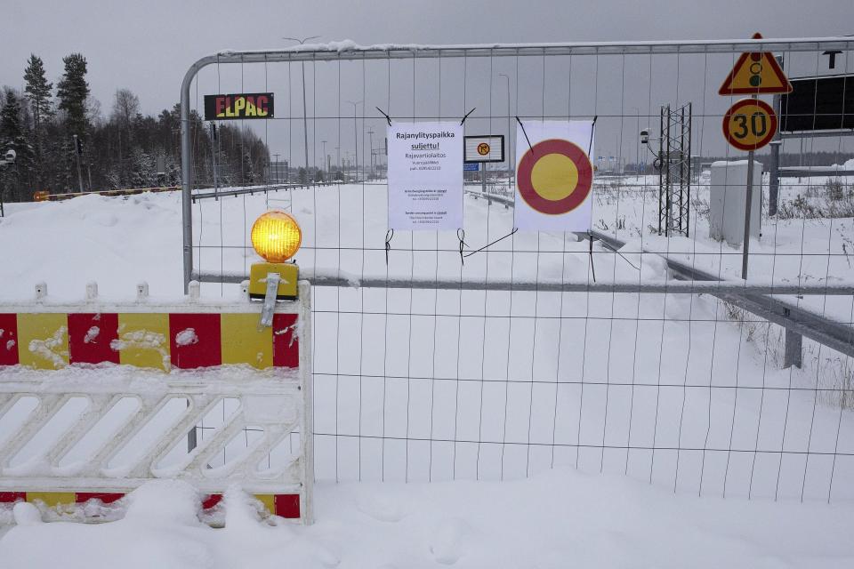 Fences at the closed Vaalimaa border station between Finland and Russia in Virolahti, Finland, Wednesday Nov. 29, 2023. Finland said Tuesday it will close its last remaining border crossing with Russia amid concerns that Moscow is using migrants as part of “hybrid warfare” to destabilize the Nordic country following its entry into NATO. (Lauri Heino/Lehtikuva via AP)