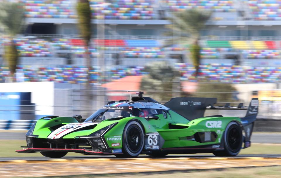 The No. 63 Lamborghini flies through the infield road course, Wednesday December 6, 2023 as IMSA teams take Daytona International Speedway for the first of four days of testing for the Rolex 24.