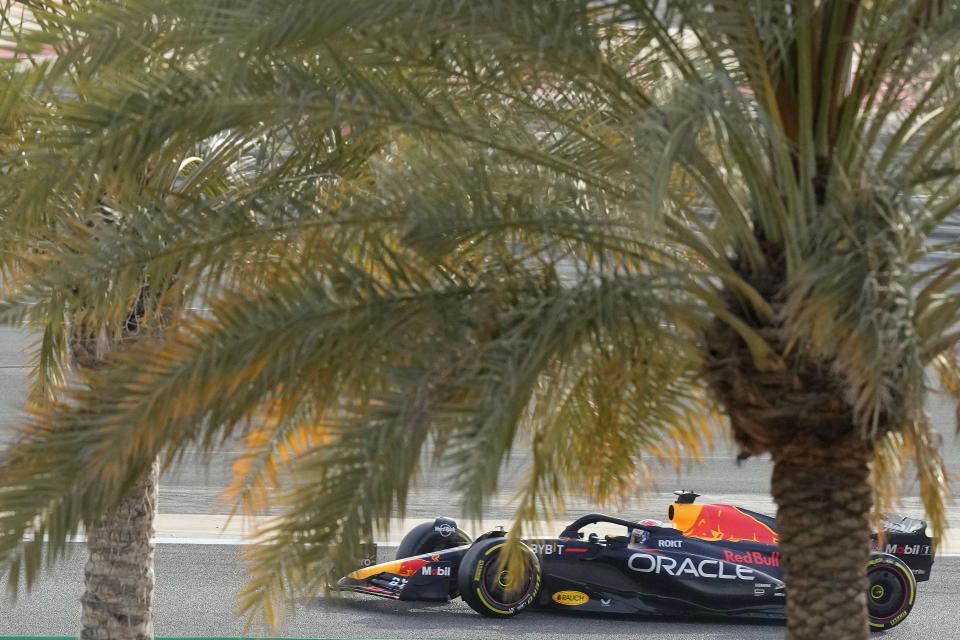 Red Bull driver Max Verstappen of the Netherlands of Spain steers his car during a Formula One pre season test at the Bahrain International Circuit in Sakhir, Bahrain, Friday, Feb. 24, 2023.(AP Photo/Frank Augstein)