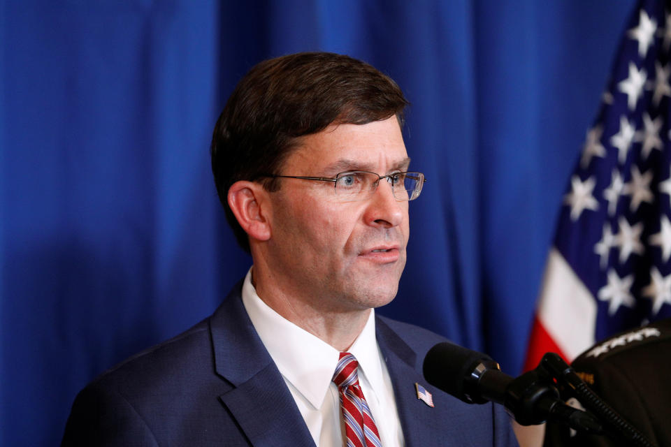 U.S. Defense Secretary Mark Esper speaks about airstrikes by the U.S. military in Iraq and Syria, at the Mar-a-Lago resort in Palm Beach, Florida, U.S., December 29, 2019.  REUTERS/Tom Brenner