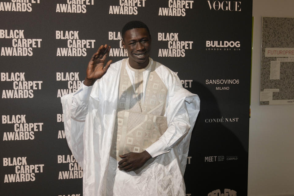 Khaby Lame attends the first edition of the 'Black carpet awards', in Milan, Italy, Friday, Feb. 24, 2023. The founder of the Afro Fashion Association in Italy on Thursday said she is launching awards recognizing the achievements of minorities in Italian society, to promote greater diversity and inclusion. (AP Photo/Luca Bruno)