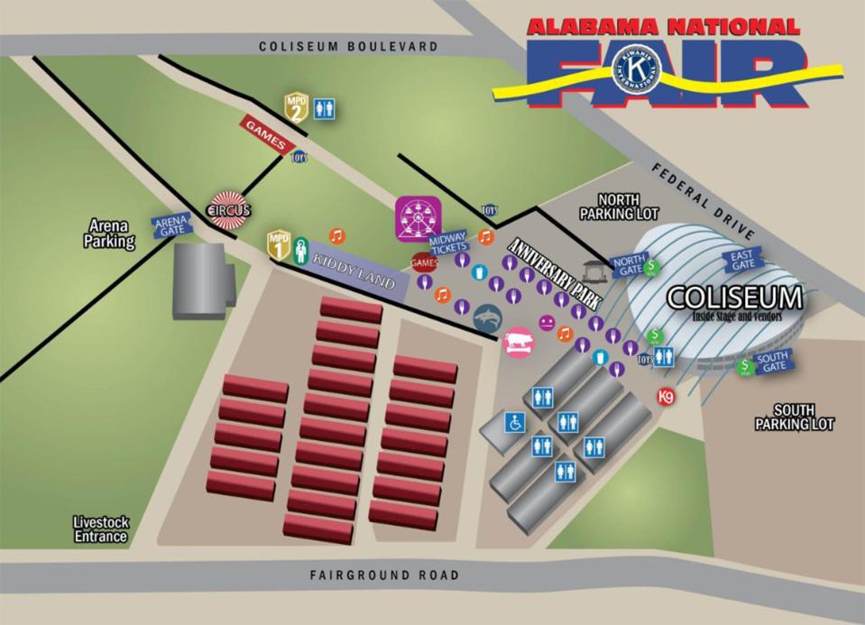 A map to the 2023 Alabama National Fair in Montgomery, on the fair grounds next to Garrett Coliseum.