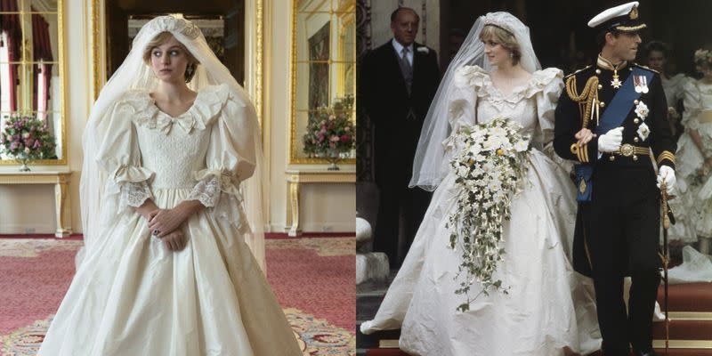 <p>Fans of<em> The Crown</em> are in for a treat. When the series re-creates Princess Diana's fairytale wedding to Prince Charles, actress Emma Corrin will be wearing an almost exact replica of Diana's gown. "The Emanuels, who designed the original, gave us the patterns, and then it was made for me," Corrin revealed to <em><a href="https://www.vogue.co.uk/arts-and-lifestyle/article/emma-corrin-interview" rel="nofollow noopener" target="_blank" data-ylk="slk:British Vogue;elm:context_link;itc:0;sec:content-canvas" class="link ">British Vogue</a></em>. "I walked out and everyone went completely silent."</p>