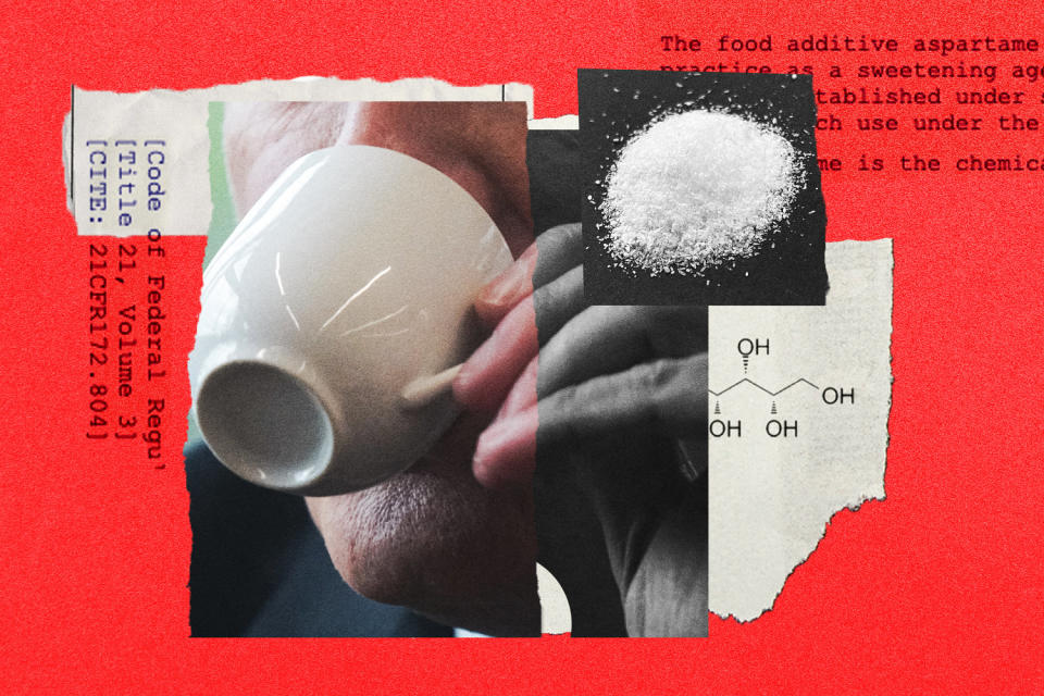 Collage of FDA legal documents, a person drinking coffee and a pile of sugar.  (Domenick Fini/NBC News)