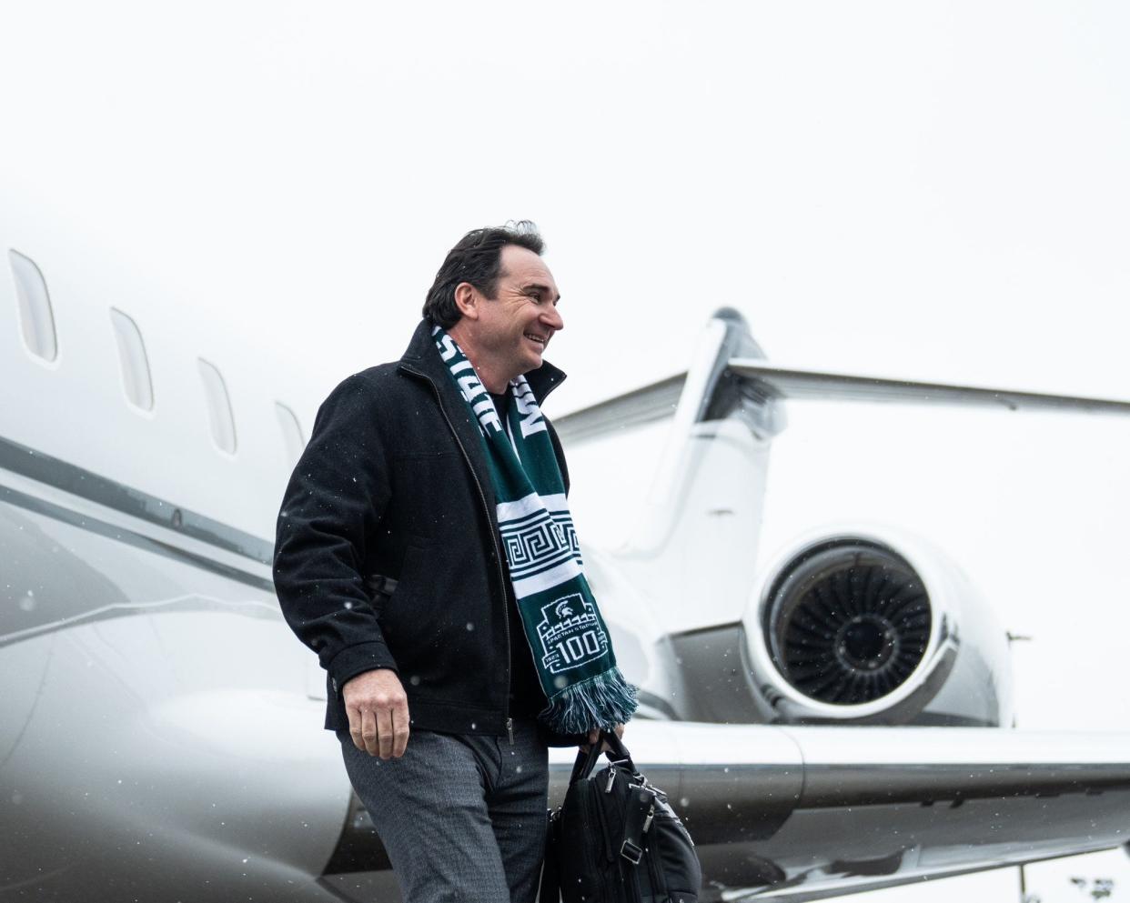 New Michigan State football head coach Jonathan Smith arrives in Lansing on Sunday, Nov. 26, 2023.