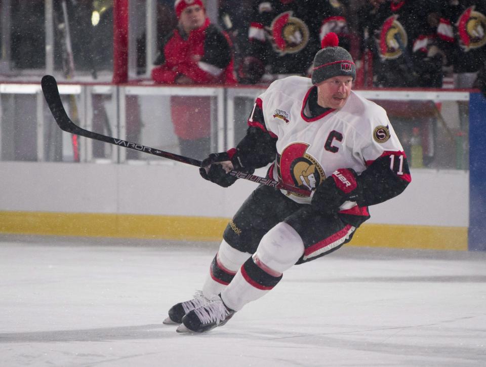 <p>Former Ottawa Senators captain and franchise leader in goals and points Daniel Alfredsson skates in the alumni game on Parliament Hill on Friday. </p>