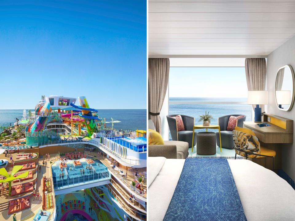 The top decks onboard Icon of the Seas (L) and a family suite with a balcony (R).