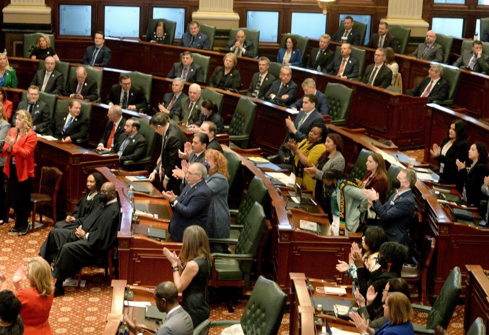 Illinois Gov. JB Pritzker spoke out against â€œdemagogues who are pushing censorshipâ€ in schools during his State of the State and budget address in the Illinois General Assembly on Wednesday, Feb. 15, 2023. His comments drew a standing ovation from Democrats and silence from Republicans.