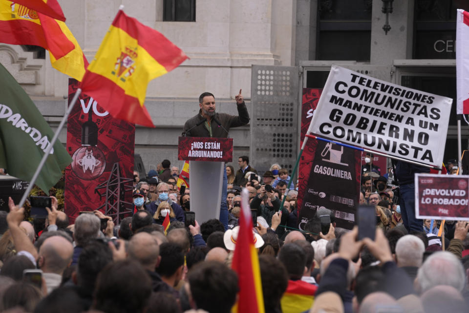 FILE - VOX party leader Santiago Abascal makes a speech during a rally by the extreme right wing party VOX in Madrid, Spain, March 19, 2022. Far-right groups have used Twitter to spread hate directed at Muslims and Immigrants. Many of them reference the Reconquista, the period in the Middle Ages that saw Christians retake vast parts of the Iberian peninsula from its Muslim leaders. The term has also been used by the Vox Party, a far-right party that has been praised by ex-U.S. President Donald Trump. (AP Photo/Paul White, File)