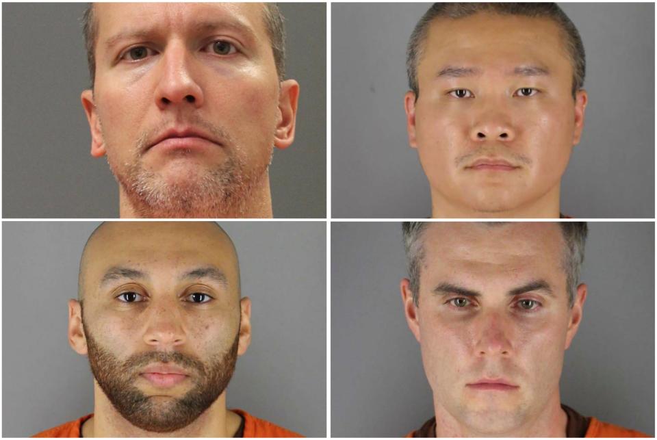 Former police officers (clockwise from top left) Derek Chauvin, Tou Thao, Thomas Lane and J. Alexander Kueng have been charged (via REUTERS)