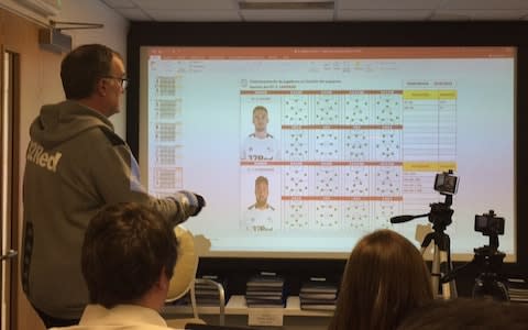 Marcelo Bielsa during his PowerPoint presentation to the media - Marcelo Bielsa during his PowerPoint presentation to the media - Credit: PA