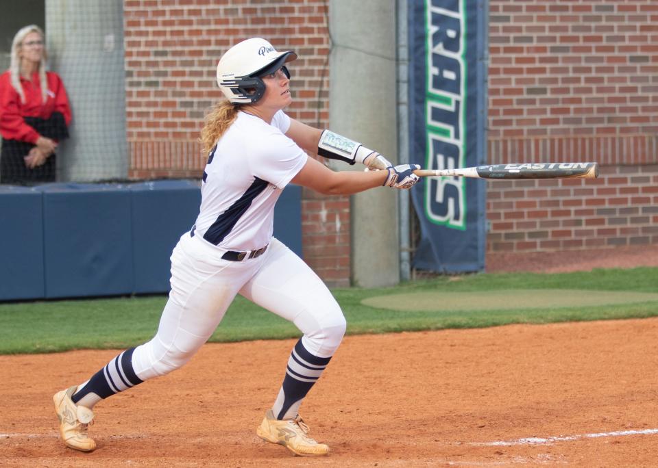 Jenna Trim (2) hits a sacrifice RBI shot to right field during the Northwest Florida State College vs Pensacola State College softball game in Pensacola on Wednesday, April 20, 2022.