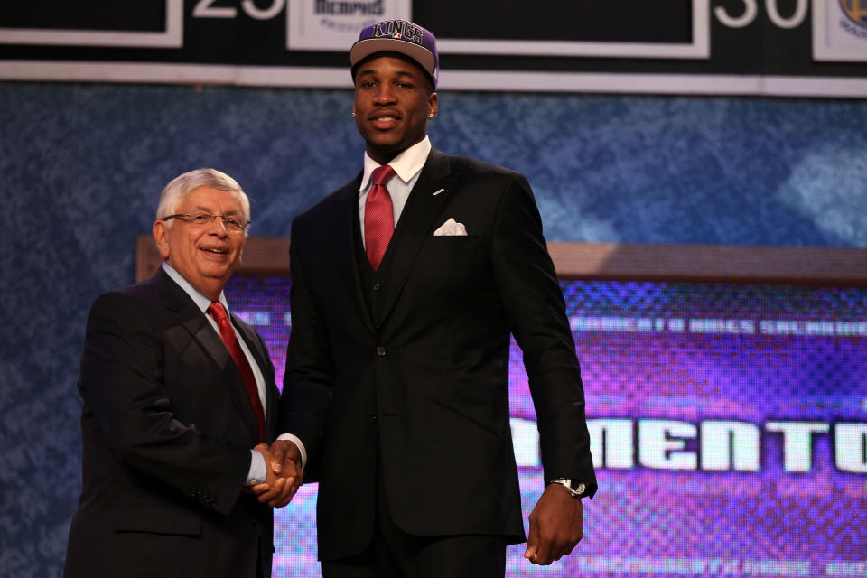 NEWARK, NJ - JUNE 28: Thomas Robinson (R) of the Kansas Jayhawks greets NBA Commissioner David Stern (L) after he was selected number five overall by the Sacramento Kings during the first round of the 2012 NBA Draft at Prudential Center on June 28, 2012 in Newark, New Jersey. NOTE TO USER: User expressly acknowledges and agrees that, by downloading and/or using this Photograph, user is consenting to the terms and conditions of the Getty Images License Agreement. (Photo by Elsa/Getty Images)