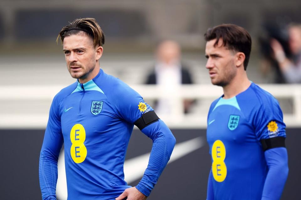 England’s Jack Grealish (left) and Ben Chilwell during a training session at St George’s Park (PA Wire)