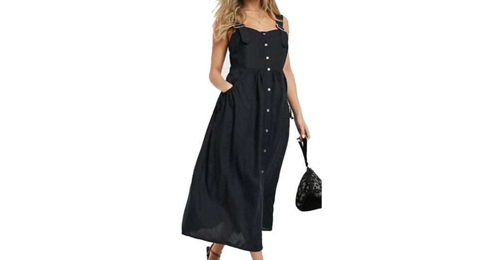 ASOS DESIGN dungaree button through midi sundress in black