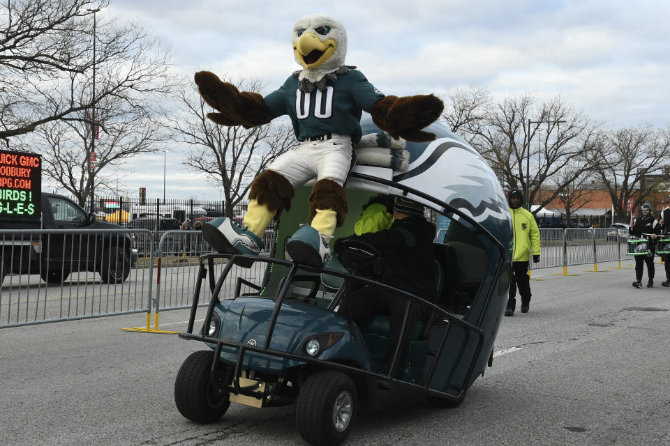 Our guess is that Philadelphia Eagles mascot Swoop will continue to work from home. (Photo by Andy Lewis/Icon Sportswire via Getty Images)