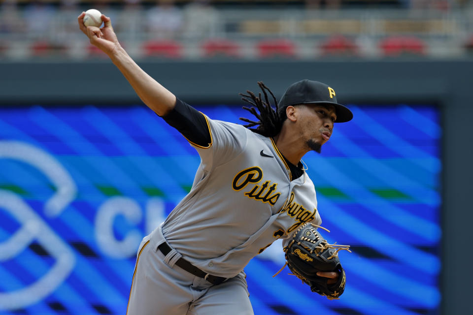 Pittsburgh Pirates relief pitcher Osvaldo Bido throws to the Minnesota Twins in the third inning of a baseball game Sunday, Aug. 20, 2023, in Minneapolis. The Twins won 2-0. (AP Photo/Bruce Kluckhohn)