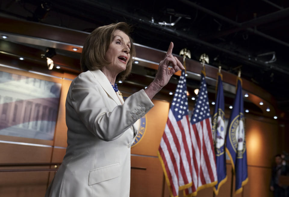 Speaker of the House Nancy Pelosi, D-Calif., responds forcefully to a question from a reporter who asked if she hated President Trump, after announcing earlier that the House is moving forward to draft articles of impeachment against Trump, at the Capitol in Washington, Thursday, Dec. 5, 2019. (AP Photo/J. Scott Applewhite)