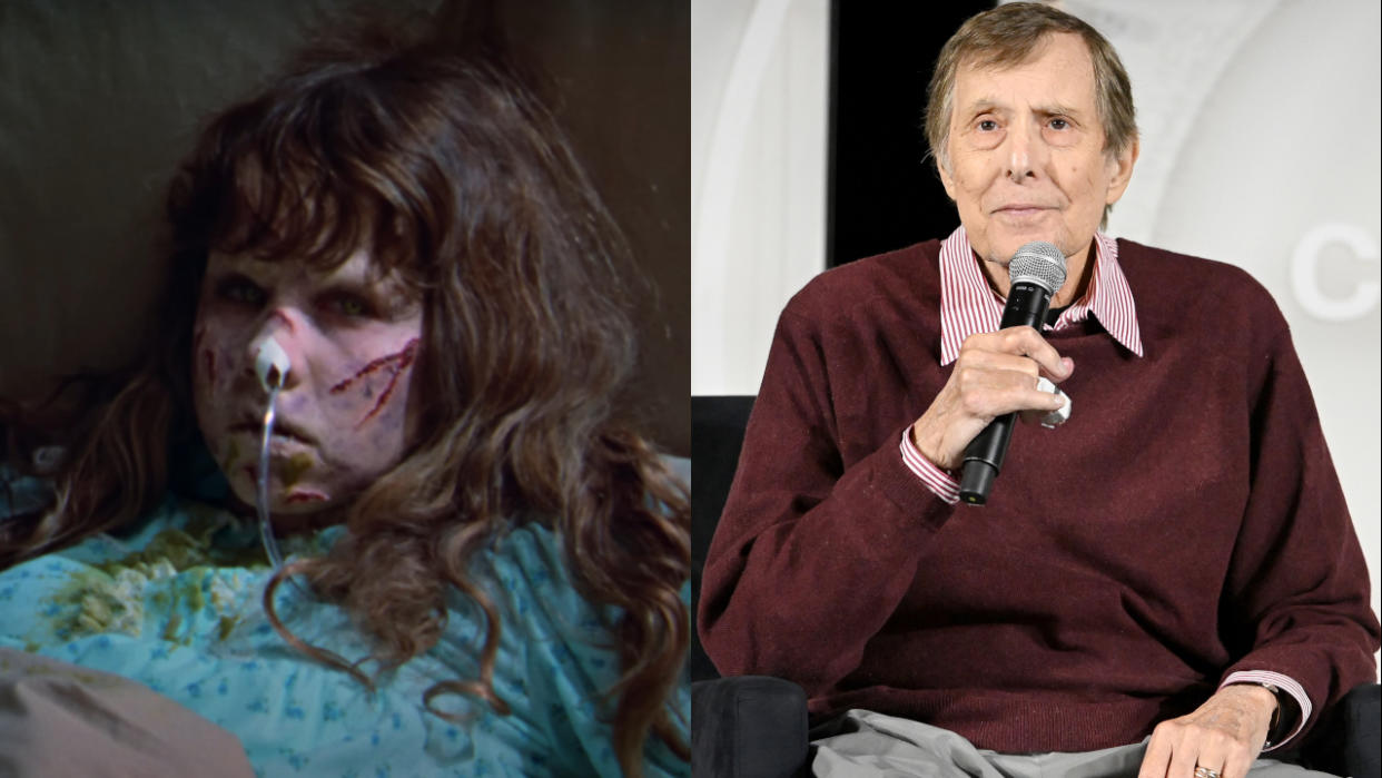  Linda Blair in The Exorcist and William Friedkin at a TCM panel, pictured side by side. 