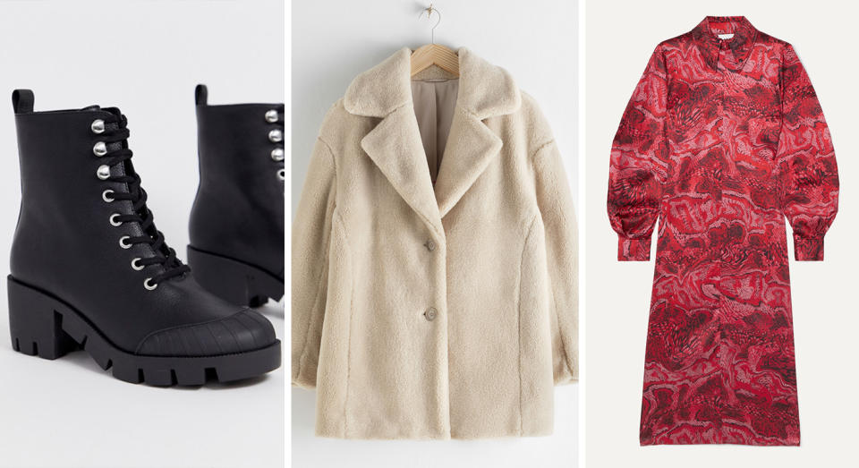 Black Chunky Lace Up Boots from ASOS (Now £12), Faux Fur Wool Blend Jacket from & Other Stories (Now £54), Ganni Printed Stretch-Silk Satin Midi Dress from Net-A-Porter (Now £148).