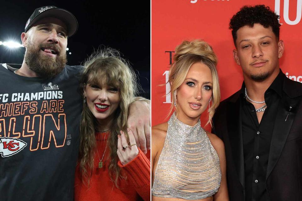 <p>Getty(2)</p> From left: Travis Kelce and Taylor Swift; Brittany and Patrick Mahomes