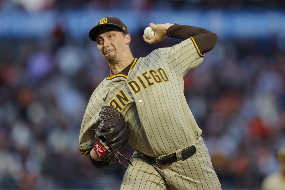 San Diego Padres starting pitcher Blake Snell (4) pitches during the first inning against the San Francisco Giants at Oracle Park.