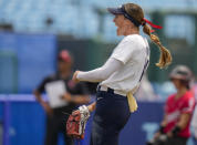 United States' Monica Abbott reacts during the softball game between the United States and Canada at the 2020 Summer Olympics, Thursday, July 22, 2021, in Fukushima , Japan. (AP Photo/Jae C. Hong)