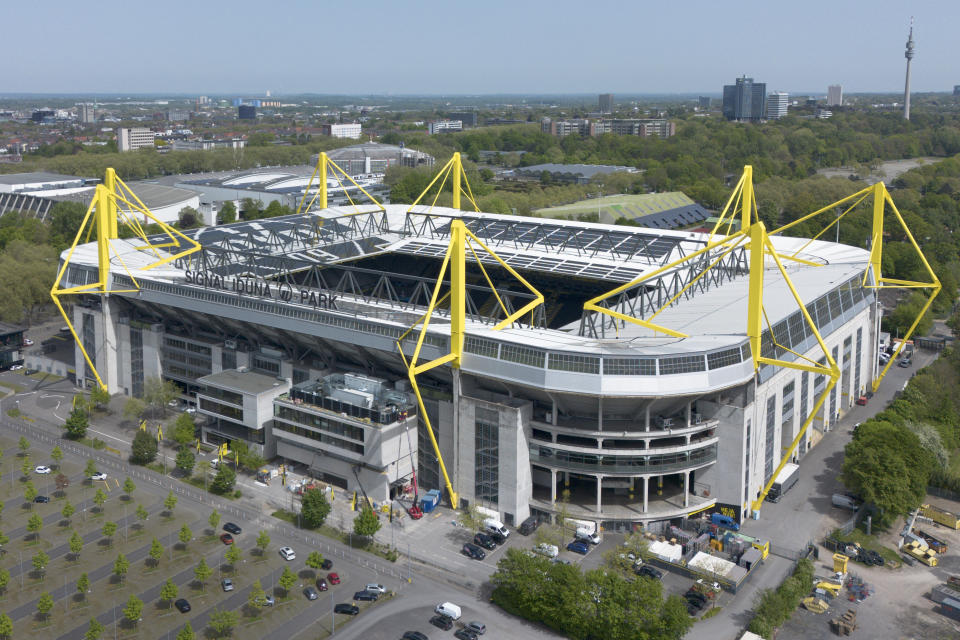 File - The BVB Stadion Dortmund is pictured in Dortmund, Germany, Wednesday, April 30, 2024. The European Championship in Germany is all about tried and tested stadiums with a rich soccer history. Unlike at some recent World Cups, there's been no rush to finish stadiums on time. (AP Photo/Martin Meissner, File)