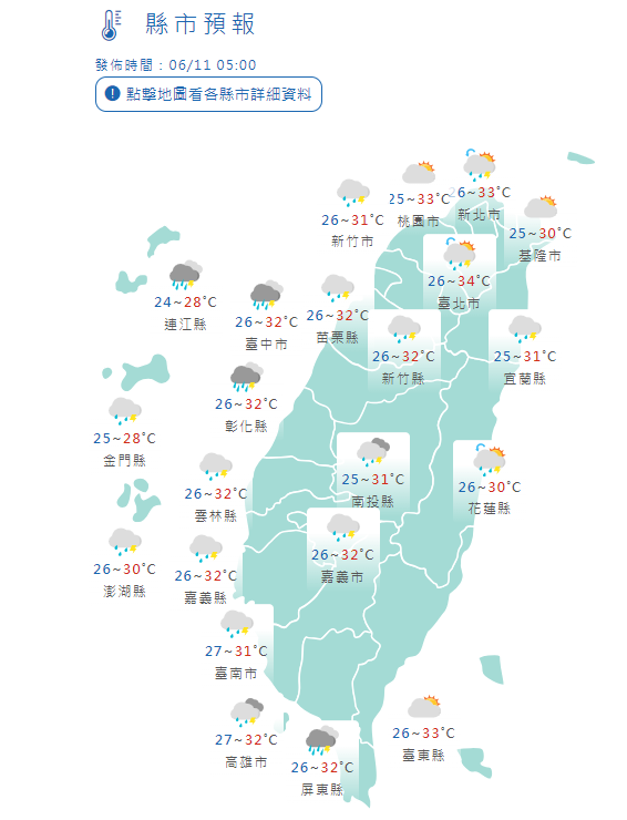 6/11全台縣市氣溫。中央氣象署