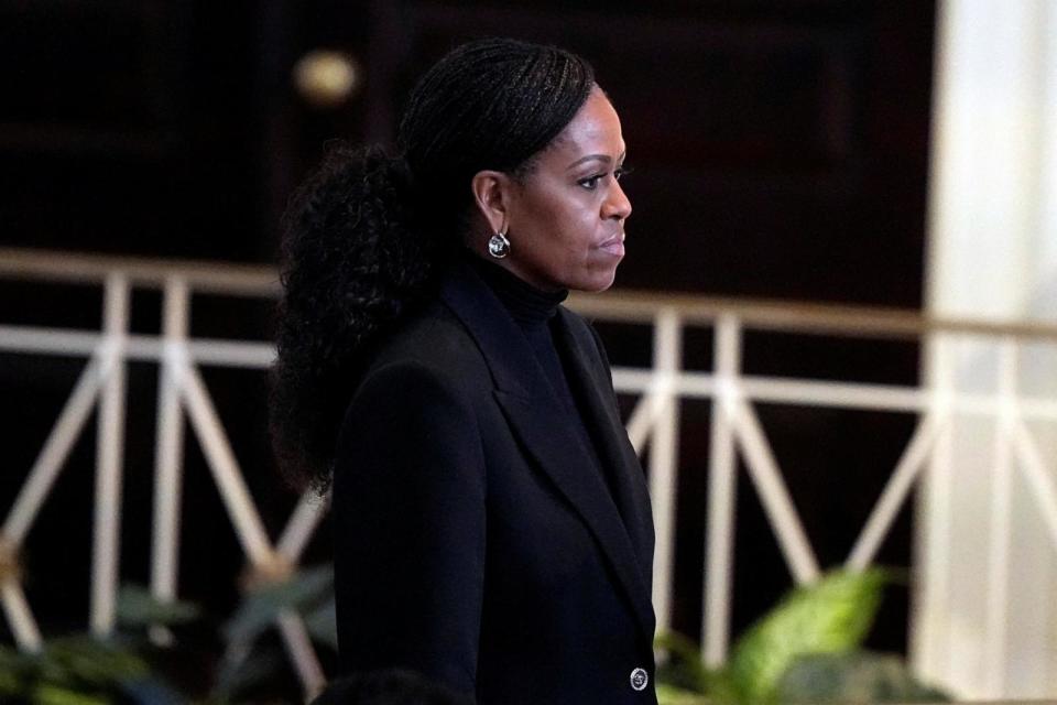 PHOTO: Former U.S. first lady Michelle Obama arrives before a tribute service for former U.S. first lady Rosalynn Carter at Glenn Memorial Church at Emory University, Nov. 28, 2023, in Atlanta. Brynn Anderson/Pool via REUTERS (Brynn Anderson/Pool via Reuters)