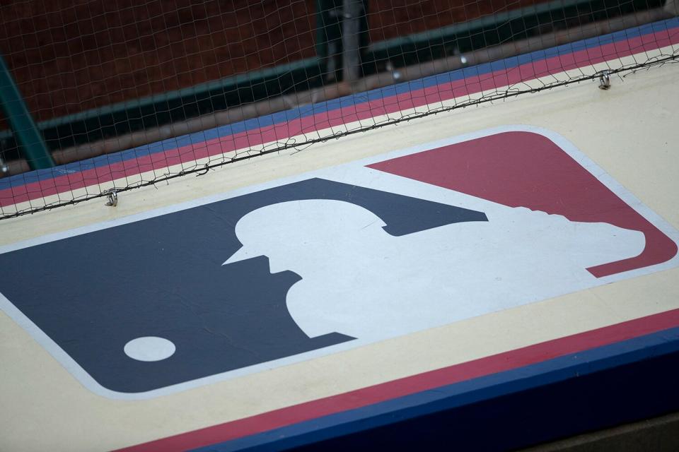 A general view of the MLB logo prior to the game between the San Francisco Giants and Philadelphia Phillies at Citizens Bank Park on April 19, 2021 in Philadelphia, Pennsylvania. The Giants defeated the Phillies 2-0.